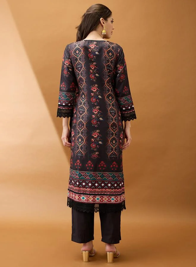 globus Women Black Floral Print Lace Insert Kurta with Pant Set